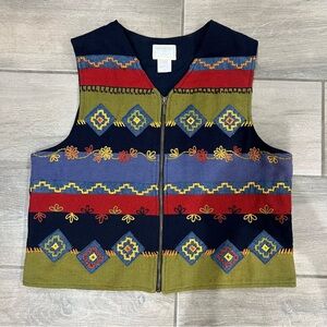 Susan Bristol Vest Full Zip Cotton Striped Floral Tapestry Art Retro Women’s L